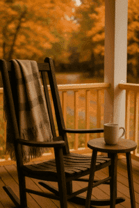 A rocking chair with a blanket draped over it sits beside a small table holding a mug, set against a backdrop of autumn leaves.