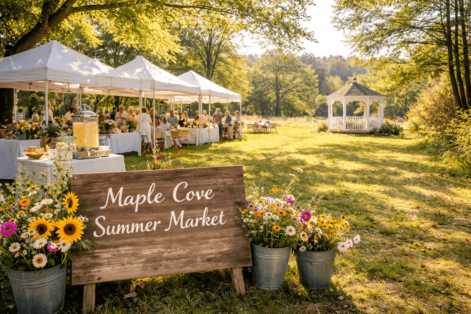 A sunny outdoor summer market scene with tents, a gazebo, and a sign reading "Maple Cove Summer Market" surrounded by flowers. A sunny outdoor summer market scene with tents, a gazebo, and a sign reading "Maple Cove Summer Market" surrounded by flowers.