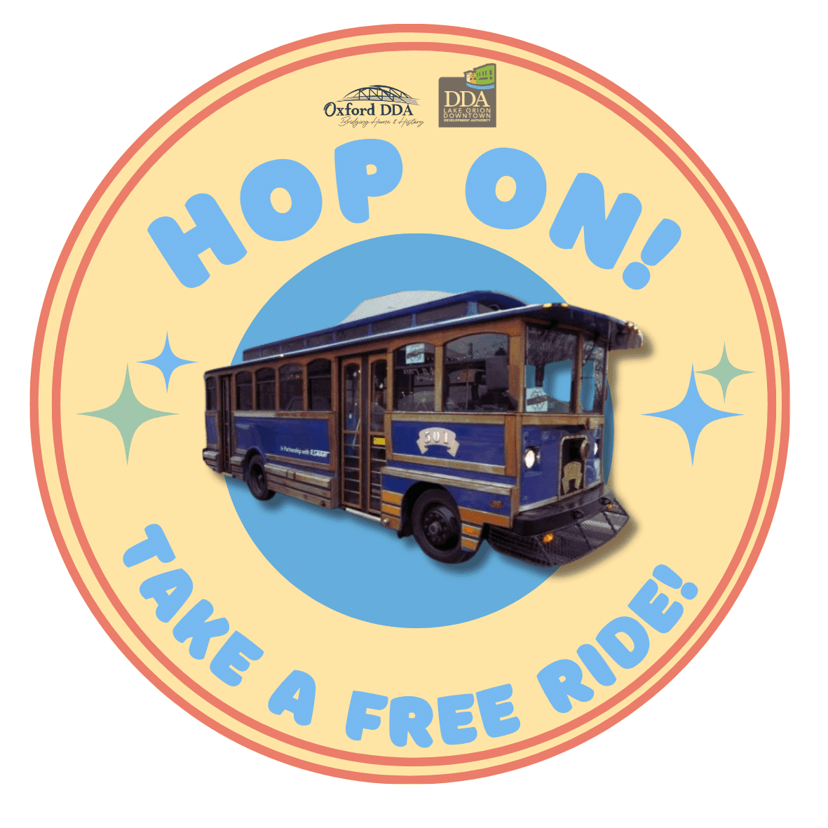A vintage-style trolley with the text "Hop On! Take a Free Ride!" against a colorful background.
