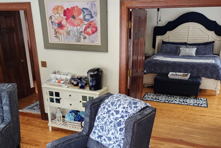 Room with two paisley blue upholstered armchairs, white walls, hardwood flooring, and a view into the bedroom