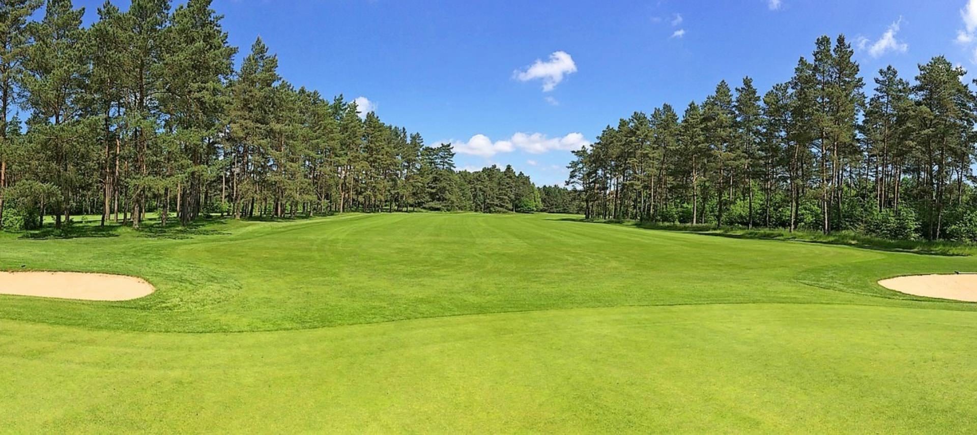 Long fairway on a golf course with green grass and surrounded by green trees